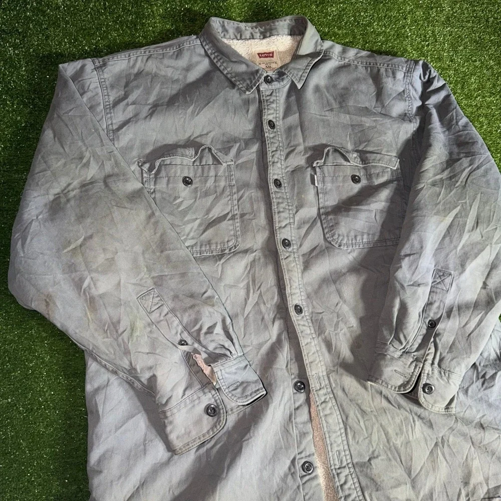 Levi's Mens XXL Sherpa Lined Shirt Jacket Gray Blue Cotton Workwear Shacket - Picture 2 of 8